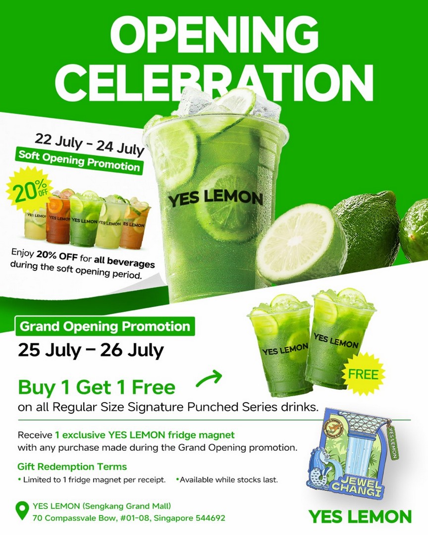YES-LEMON-Singapore-Promotion-Enjoy-20-Off 22-26 July 2026: YES LEMON Singapore Promotion, Enjoy 20% Off Drinks and Buy 1 Get 1 Free Signature Punched Series at Sengkang Grand Mall