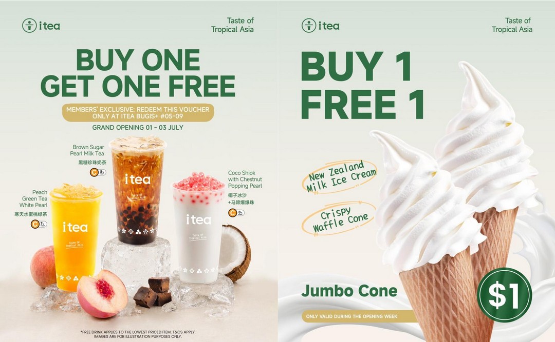 iTEA-Singapore-Bugis-Opening-Promotion 1–7 July 2026: iTEA Singapore Bugis+ Opening Promotion – Buy 2 Drinks Get 1 Free and Buy 1 Jumbo Cone Get 1 Free During Grand Opening Week