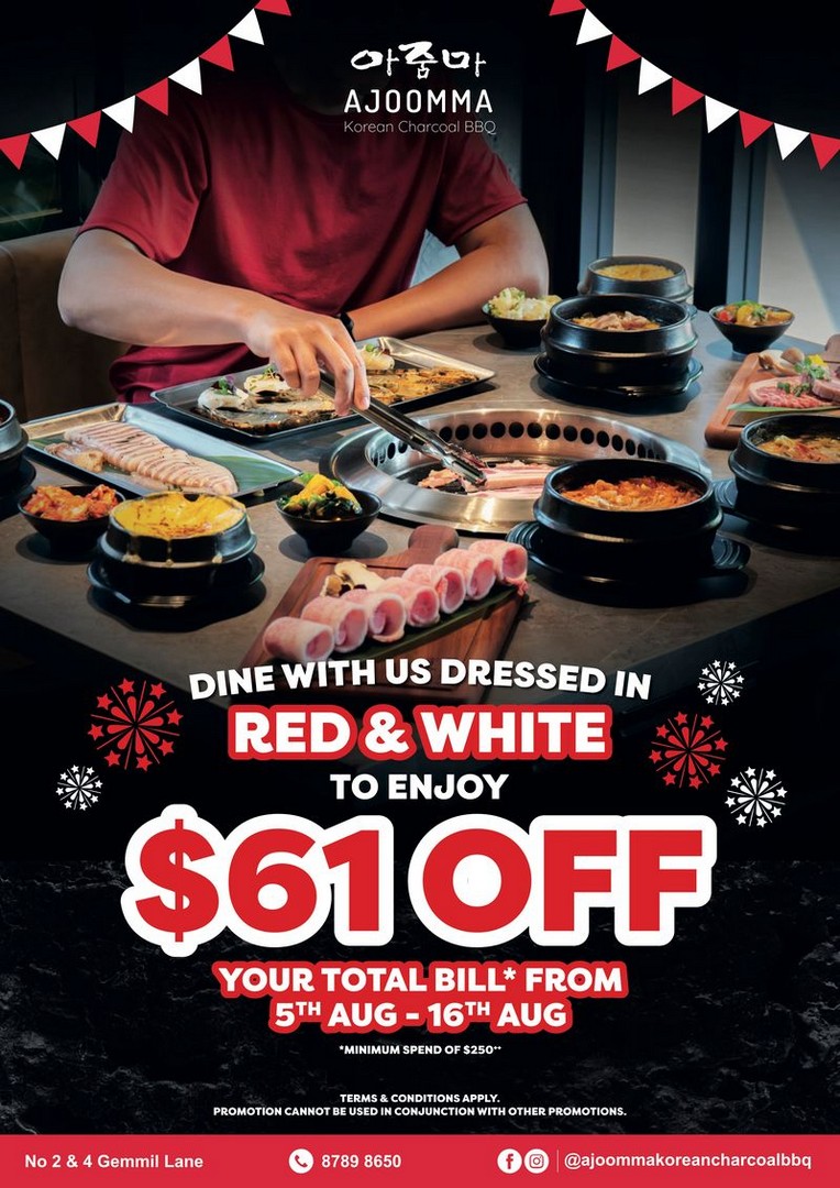 Ajoomma-Korean-Charcoal-BBQ-National-Day-Promotion 5-16 August 2026: Ajoomma Korean Charcoal BBQ National Day Promotion, Enjoy $61 Off Your BBQ Feast with Red and White Outfit Deal