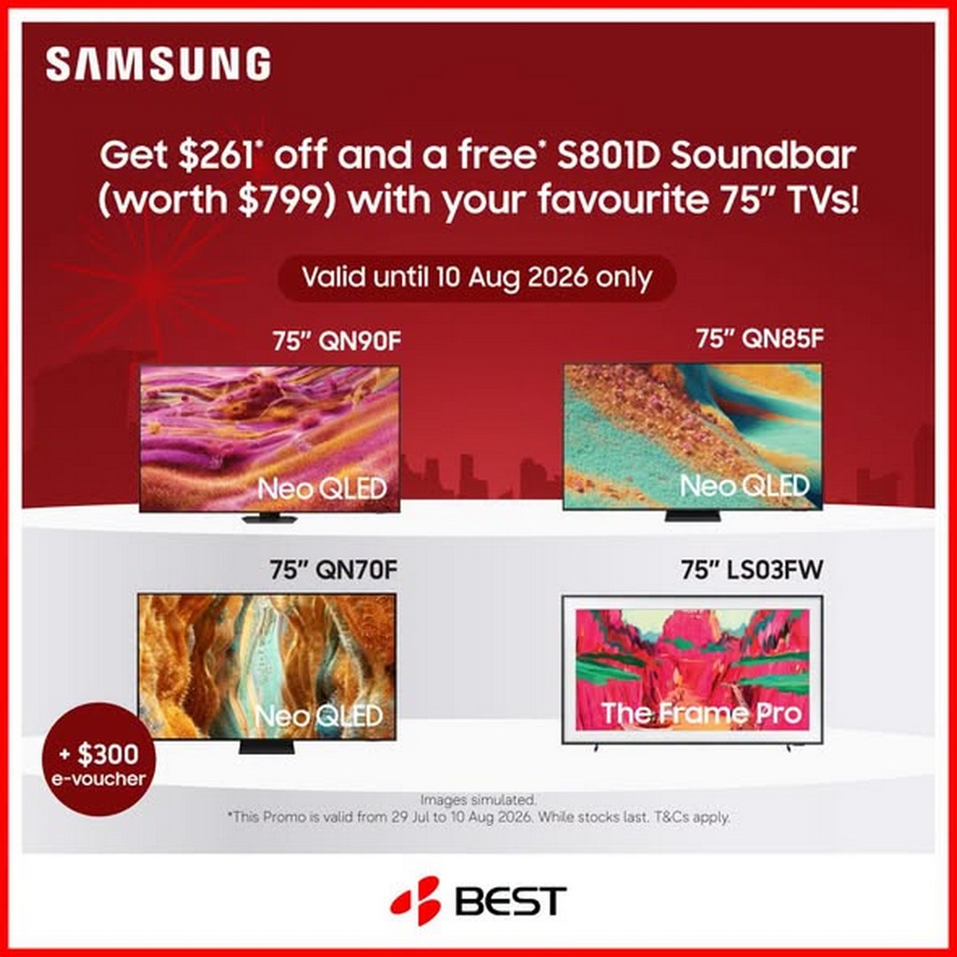BEST-Denki-Singapore-Singapore-61st-Birthday-Promotion-1 Now till 10 August 2026: BEST Denki Singapore Singapore 61st Birthday Promotion, Enjoy $261 Off Selected Samsung TVs with Free Sound Device