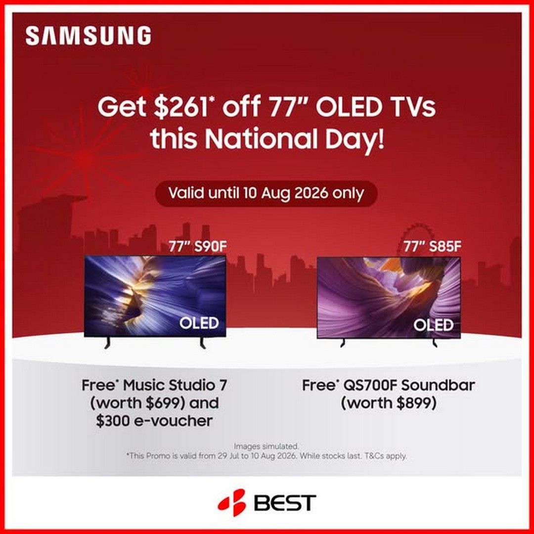 BEST-Denki-Singapore-Singapore-61st-Birthday-Promotion Now till 10 August 2026: BEST Denki Singapore Singapore 61st Birthday Promotion, Enjoy $261 Off Selected Samsung TVs with Free Sound Device