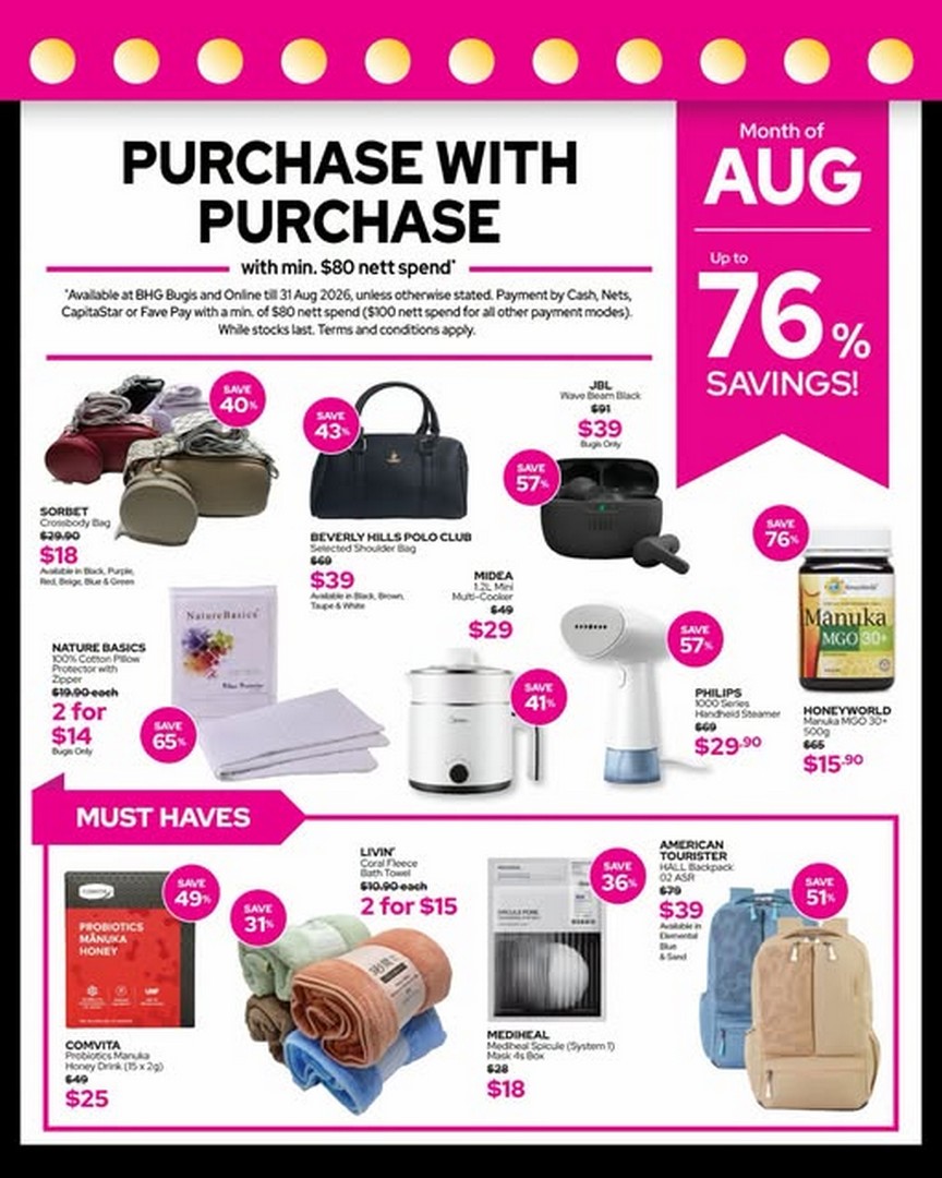 BHG-Singapore-August-2026-Purchase-With-Purchase-Promotion Now till 31 August 2026: BHG Singapore August 2026 Purchase With Purchase Promotion: Enjoy Up To 76% Off Exclusive Shopping Deals Throughout The Month