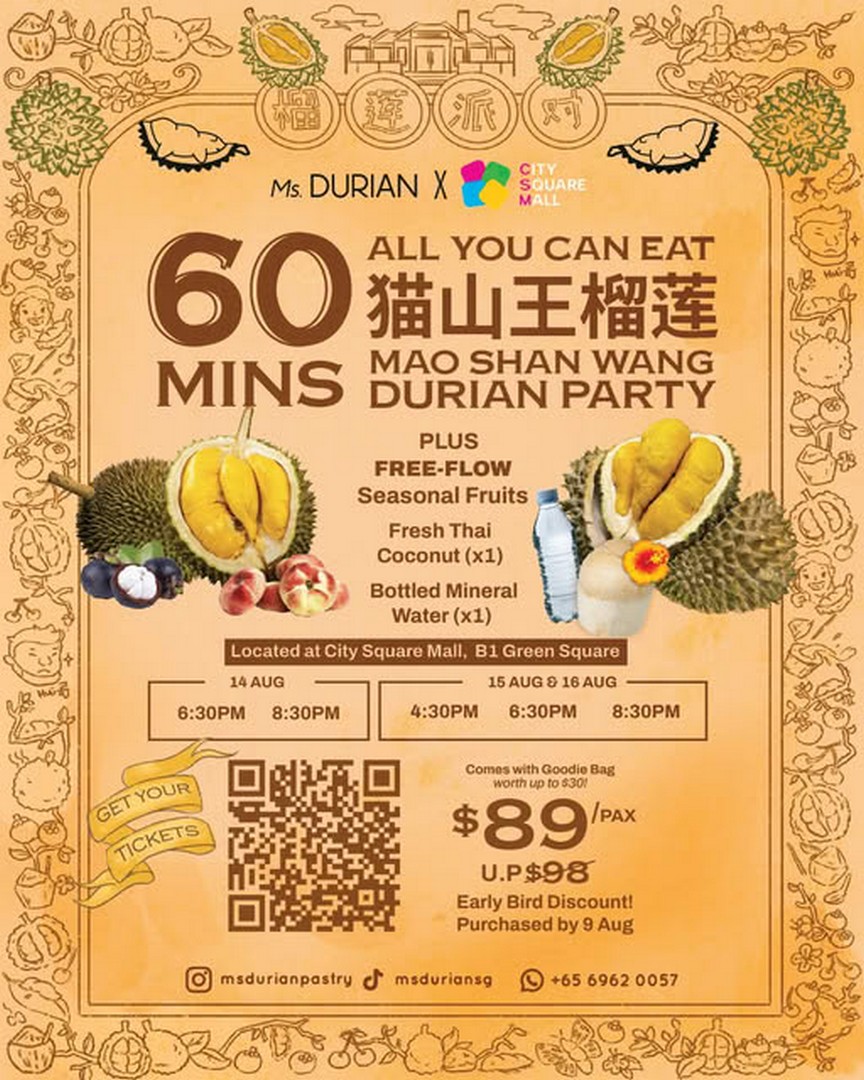 City-Square-Mall-Singapore-Mao-Shan-Wang-Durian-Party-Event 14-16 August 2026: City Square Mall Singapore Mao Shan Wang Durian Party Event, Free-Flow Durian Feast Promotion with Exclusive Goodie Bag