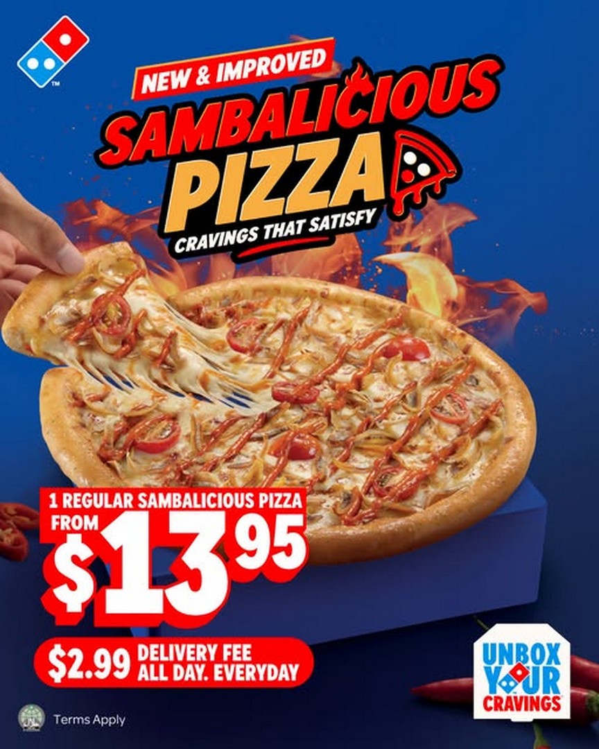 Dominos-Pizza-Singapore-Sambalicious-Ikan-Bilis-Pizza 17 August 2026 onwards: Domino's Pizza Singapore: Sambalicious Ikan Bilis Pizza from $13.95 with $2.99 Delivery Promotion