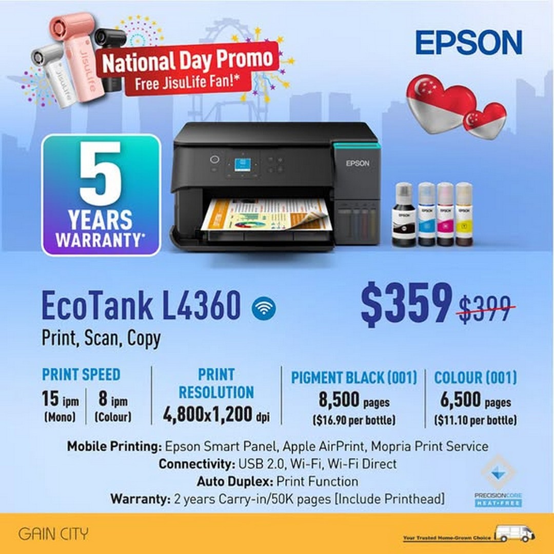 Gain-City-Singapore-Epson-EcoTank-National-Day-Promotion-2 1-16 August 2026: Gain City Singapore Epson EcoTank National Day Promotion, Get Free JisuLife Fan and Up To 5 Years Warranty Benefits