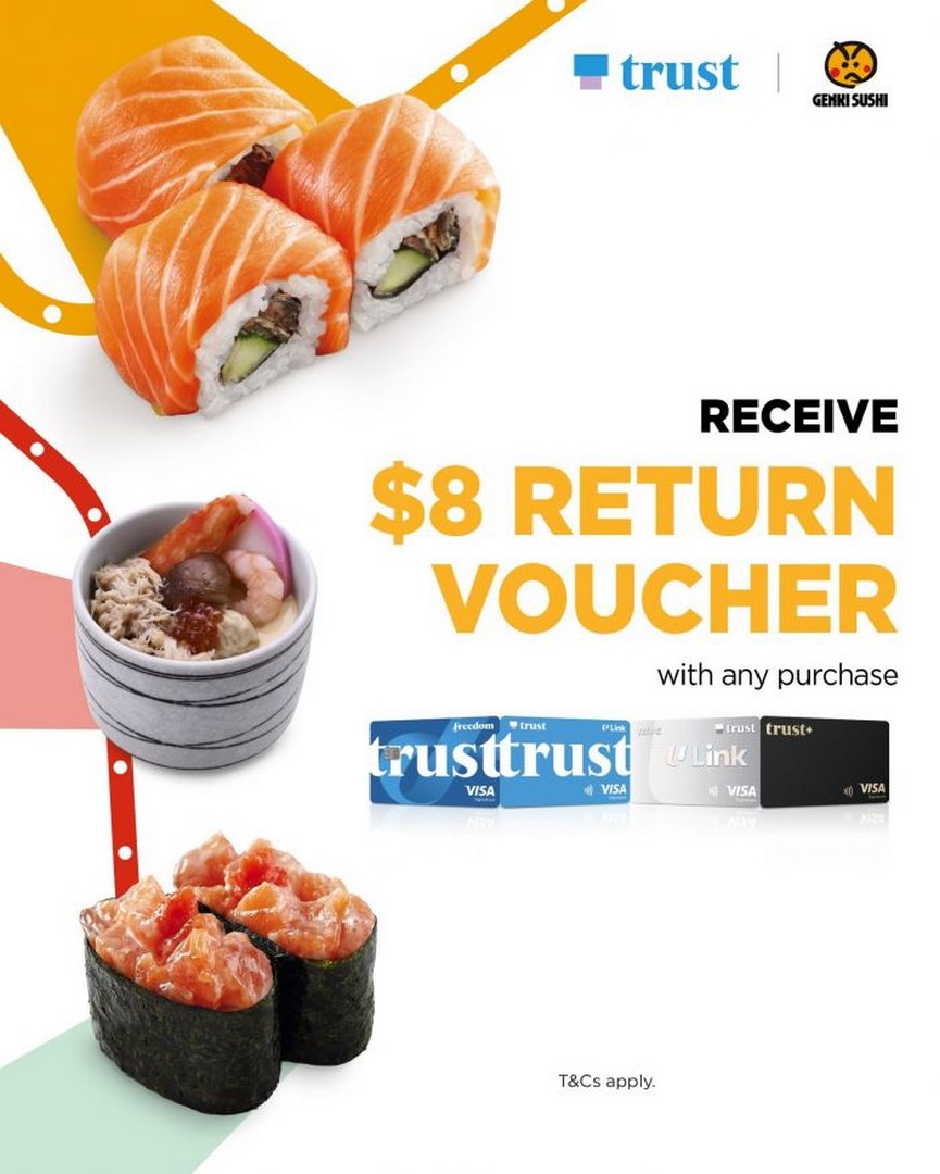 Genki-Sushi-Singapore-8-Return-Voucher-with-Trust-Card-Payment 14 August 2026 onwards: Genki Sushi Singapore: $8 Return Voucher with Trust Card Payment: Dining Promotion