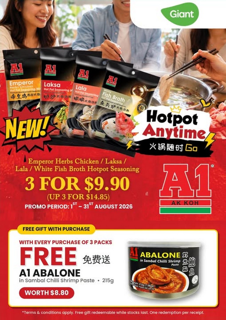 Giant-Singapore-A1-Hotpot-Seasoning-3-Packs 1-31 August 2026: Giant Singapore: A1 Hotpot Seasoning 3 Packs for $9.90 with FREE Abalone Gift: Hotpot Promotion