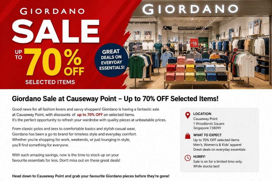 Giordano-Sale-Up-to-70-OFF-Selected-Items 28 August 2026 Onward: Giordano: Sale Up to 70% OFF Selected Items at Causeway Point Singapore