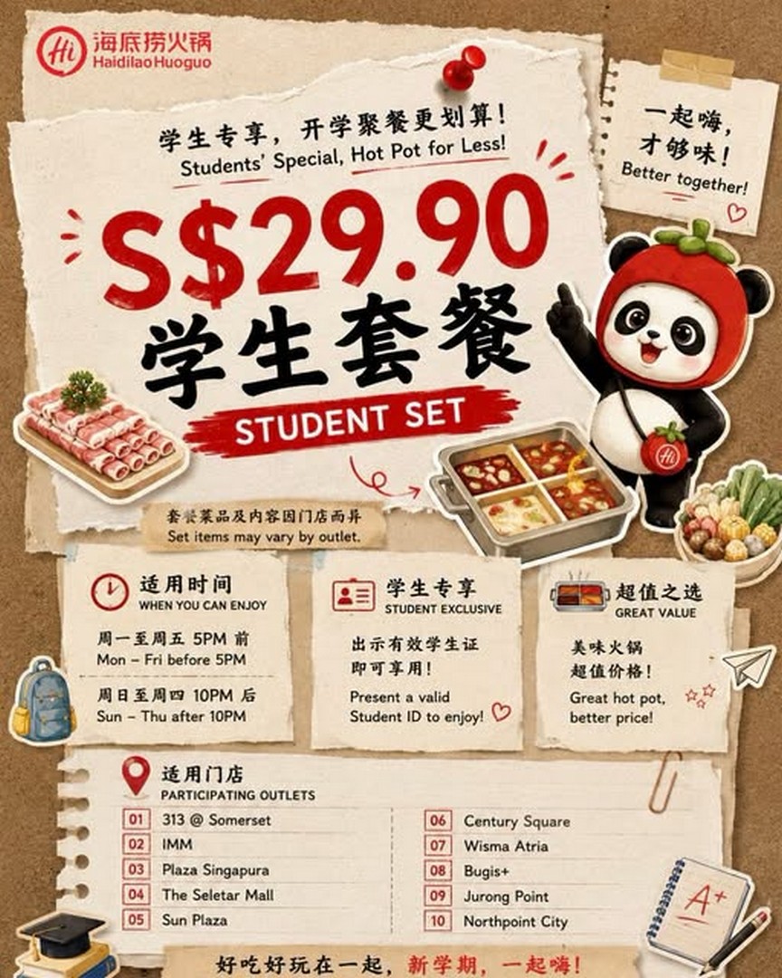 Haidilao-Singapore-Student-Promotion 13 August 2026 onwards: Haidilao Singapore Student Promotion – S$29.90++ Student Set at Selected Outlets