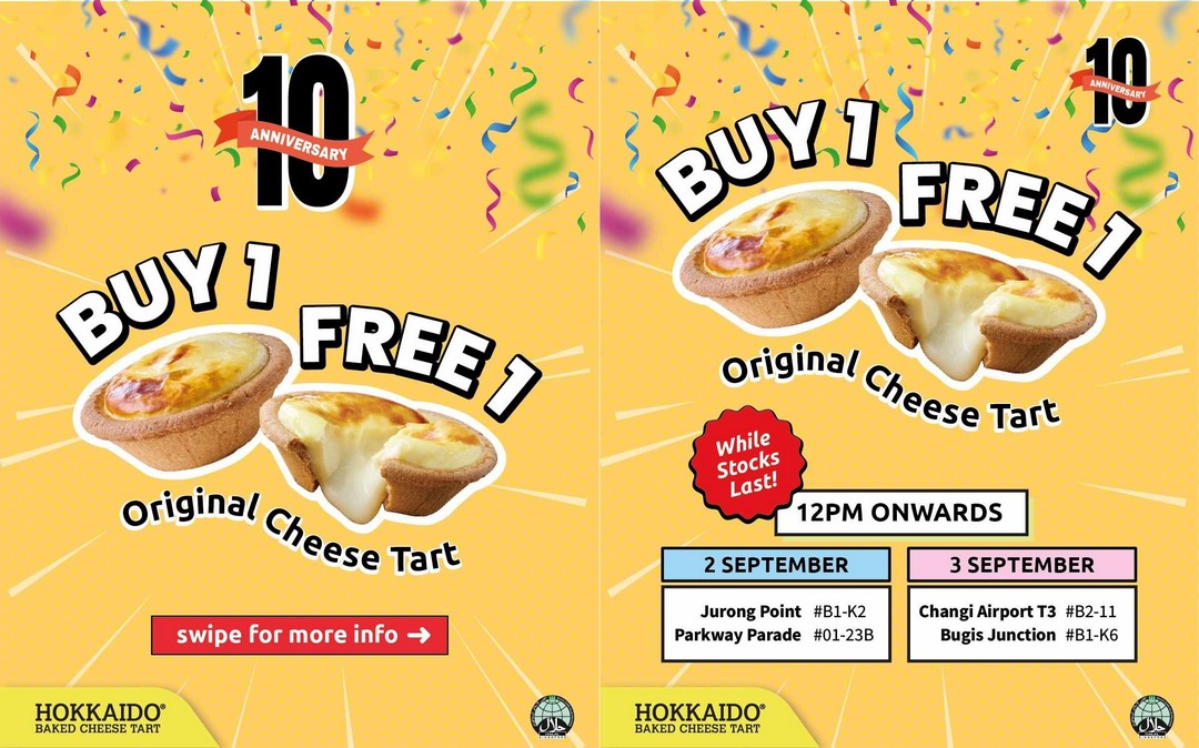 Hokkaido-Baked-Cheese-Tart-1-for-1-Original-Cheese-Tarts-Promotion 2-3 September 2026: Hokkaido Baked Cheese Tart 1-for-1 Original Cheese Tarts Promotion at Selected Singapore Outlets