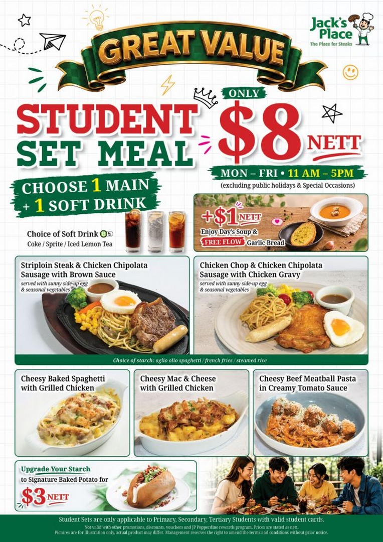 Jacks-Place-8-Nett-Student-Set-Meals-Promotion 27 August 2026 onwards: Jack's Place: $8 Nett Student Set Meals Promotion With Steak, Chicken & Pasta, Weekday Lunch Deal