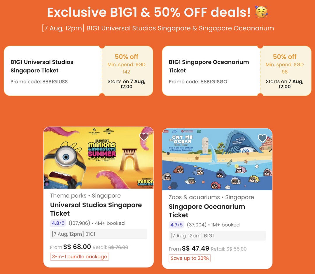 Klook-Double-Down-This-8.8-Buy-1-Get-1-Free-Promotion-2 7-8 August 2026: Klook Double Down This 8.8 Buy 1 Get 1 Free Promotion – Universal Studios Singapore & Singapore Oceanarium Flash Ticket Deals