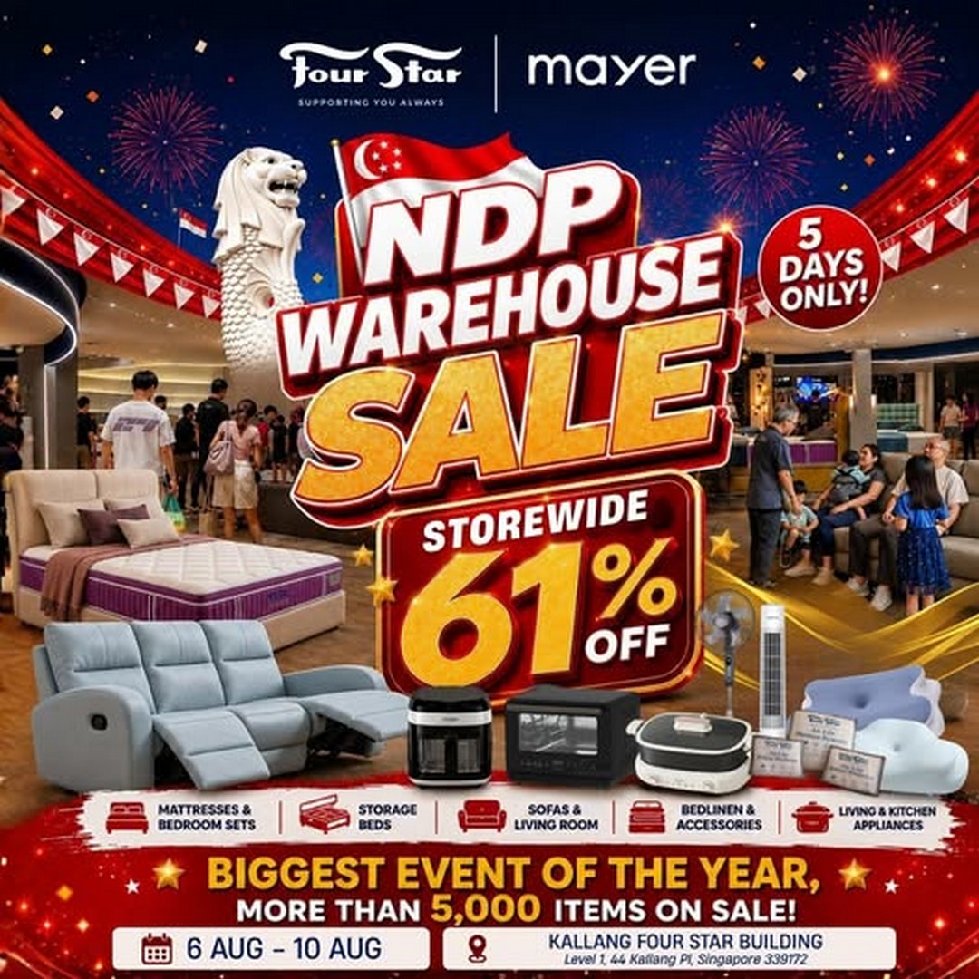 Mayer-Singapore-x-Four-Star-National-Day-Sale 6-10 August 2026: Mayer Singapore x Four Star National Day Sale – Save Up to 61% OFF Mattresses, Furniture & Home Appliances Promotion at Kallang Flagship Store
