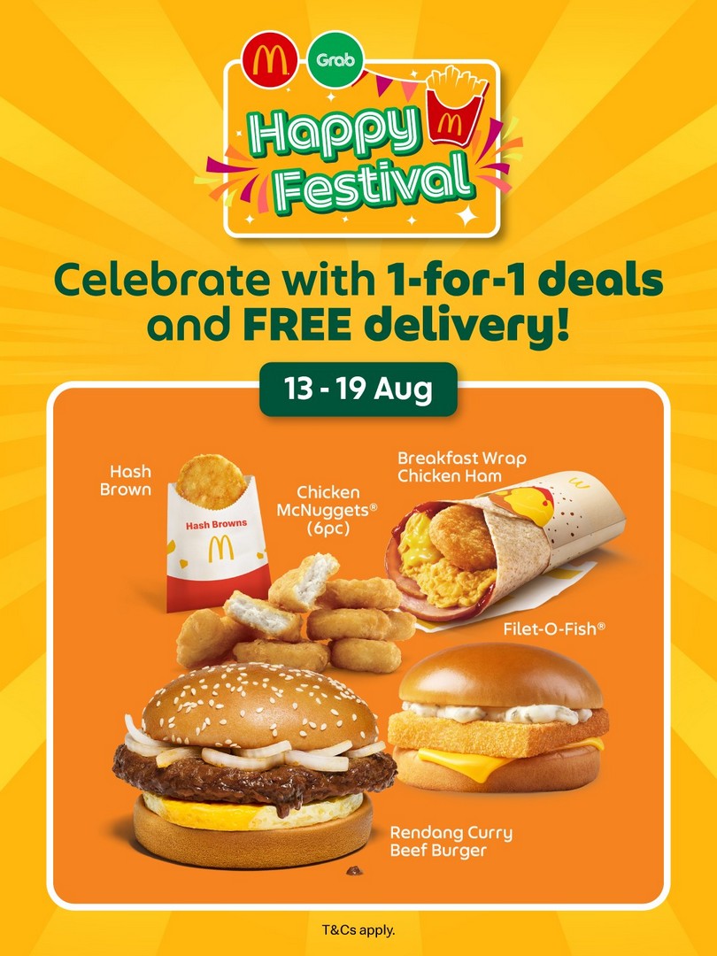 McDonalds-Singapore-Happy-Festival-1-for-1-GrabFood 13-19 August 2026: McDonald’s Singapore: Happy Festival 1-for-1 GrabFood Promotion with Free Delivery