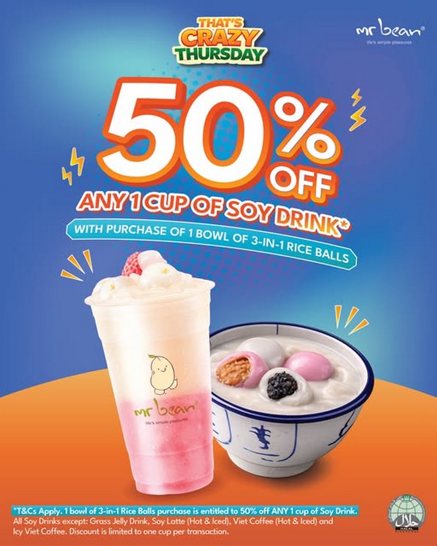 Mr-Bean-Singapore-50-OFF-2nd-Soy-Drink-with-3-in-1-Riceball-Purchase 27 August 2026 onwards: Mr Bean Singapore: 50% OFF 2nd Soy Drink with 3-in-1 Riceball Purchase Promotion