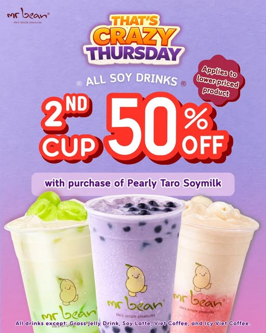 Mr-Bean-Singapore-Pearly-Taro-Soymilk-50-Off 13 August 2026 onwards: Mr Bean Singapore: Pearly Taro Soymilk 50% Off Second Soy Drink Promotion on Thursday