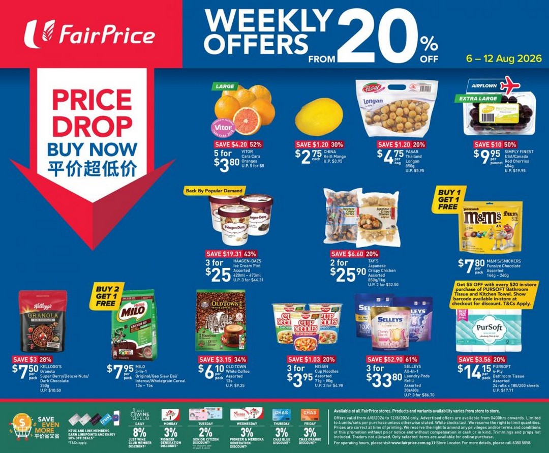 NTUC-FairPrice-Weekly-Offers-Price-Drop-Promotion 6-12 August 2026: NTUC FairPrice Weekly Offers Price Drop Promotion – Save Up to 61% OFF, Buy 1 Get 1 Free Deals on Groceries Across Singapore