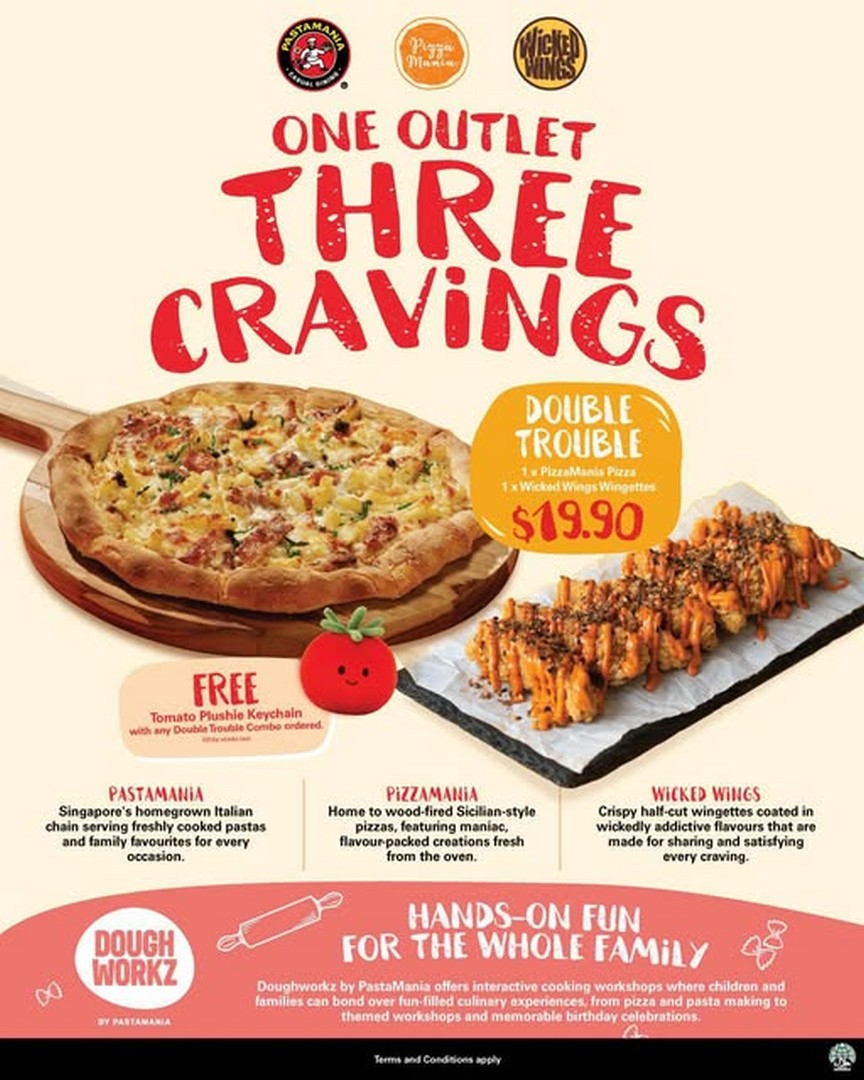 PastaMania-Singapore-Double-Trouble-Combo-Promotio 19 August 2026 onwards: PastaMania Singapore: Double Trouble Combo Promotion with Pizza, Wicked Wings and Free Tomato Plushie Keychain at Sengkang ActiveSG Sports Centre