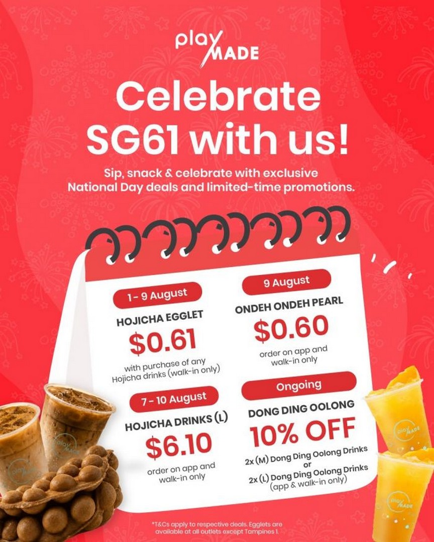 PlayMade-Singapore-National-Day-Promotion 1-10 August 2026: PlayMade Singapore National Day Promotion, Enjoy $0.60 Ondeh Ondeh Pearls, $0.61 Hojicha Egglet Deals and SG61 Giveaways