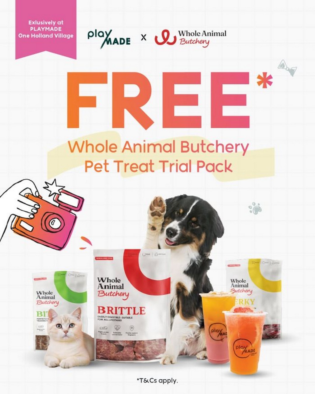 PlayMade-and-Whole-Animal-Butchery 21 August 2026 onwards: PlayMade and Whole Animal Butchery: Free Pet Treat Trial Pack with 2 Drinks Promotion at One Holland Village