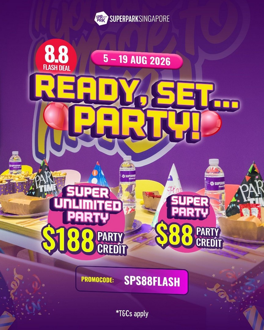 SUPERPARK-Singapore-8.8-Flash-Deal 5-19 August 2026: SUPERPARK Singapore: 8.8 Flash Deal with Up to $188 Party Credit: Limited-Time Birthday Party Promotion