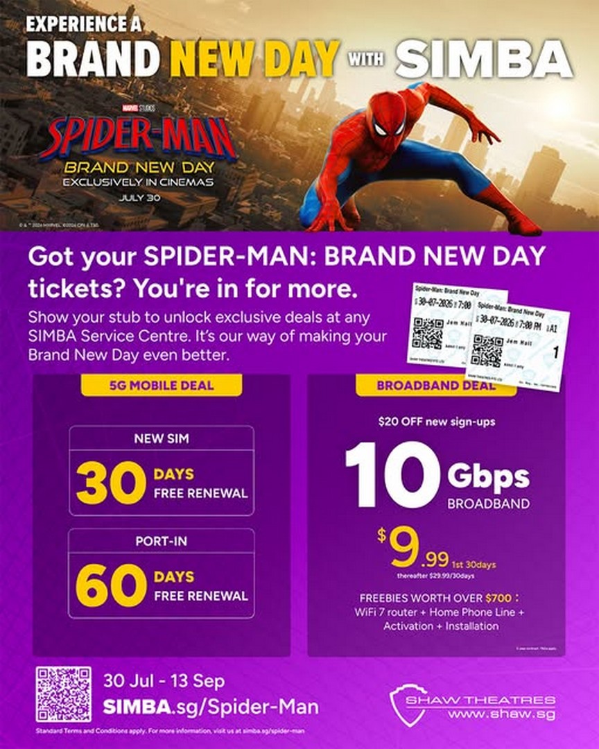 Shaw-Theatres-SIMBA-Promotion Now till 16 August 2026: Shaw Theatres & SIMBA Promotion: Enjoy Exclusive SIMBA Mobile and Broadband Offers with Spider-Man: Brand New Day Ticket