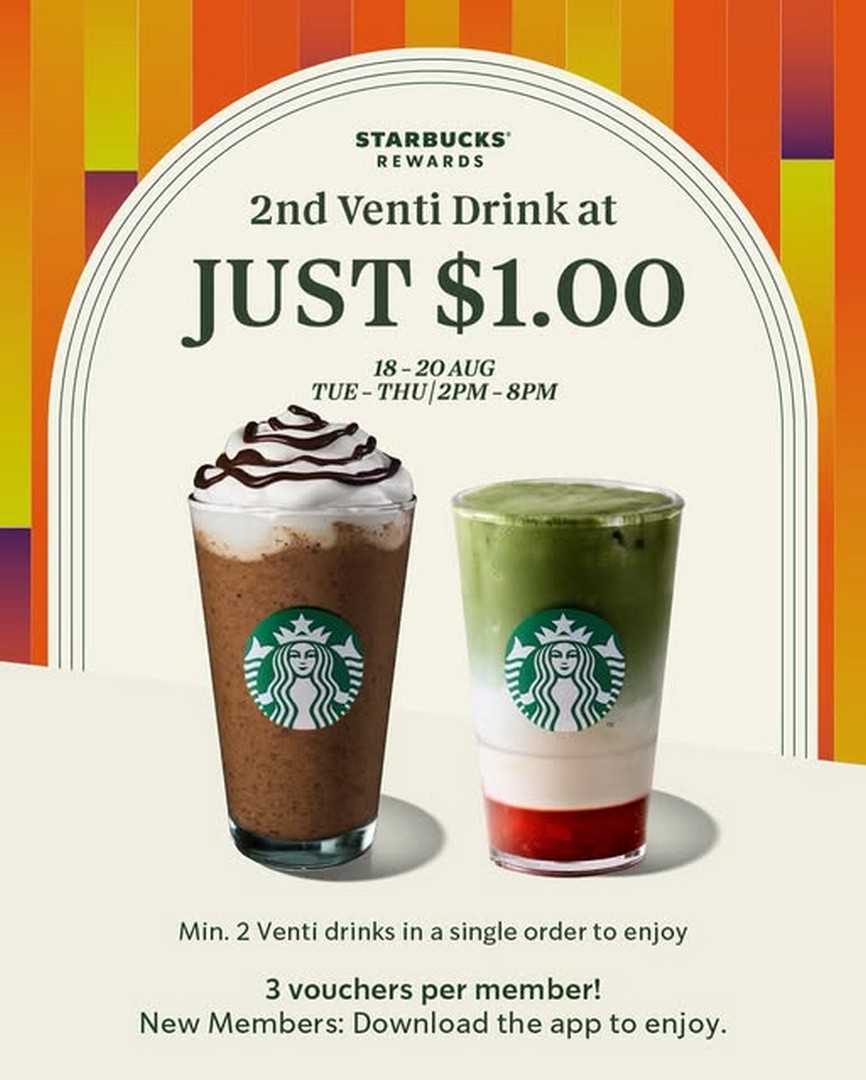 Starbucks-Singapore-1-Second-Venti-Drink-Promotion 18-20 August 2026: Starbucks Singapore: $1 Second Venti Drink Promotion for Starbucks Rewards Members