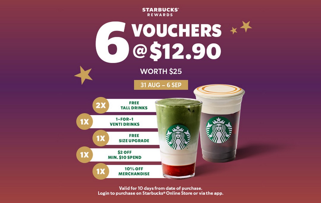 Starbucks-Singapore-12.90-Voucher-Pack-Promotion 31 August-6 September 2026: Starbucks Singapore: $12.90 Voucher Pack Promotion with 6 Reward Vouchers for Drinks, Merchandise and More