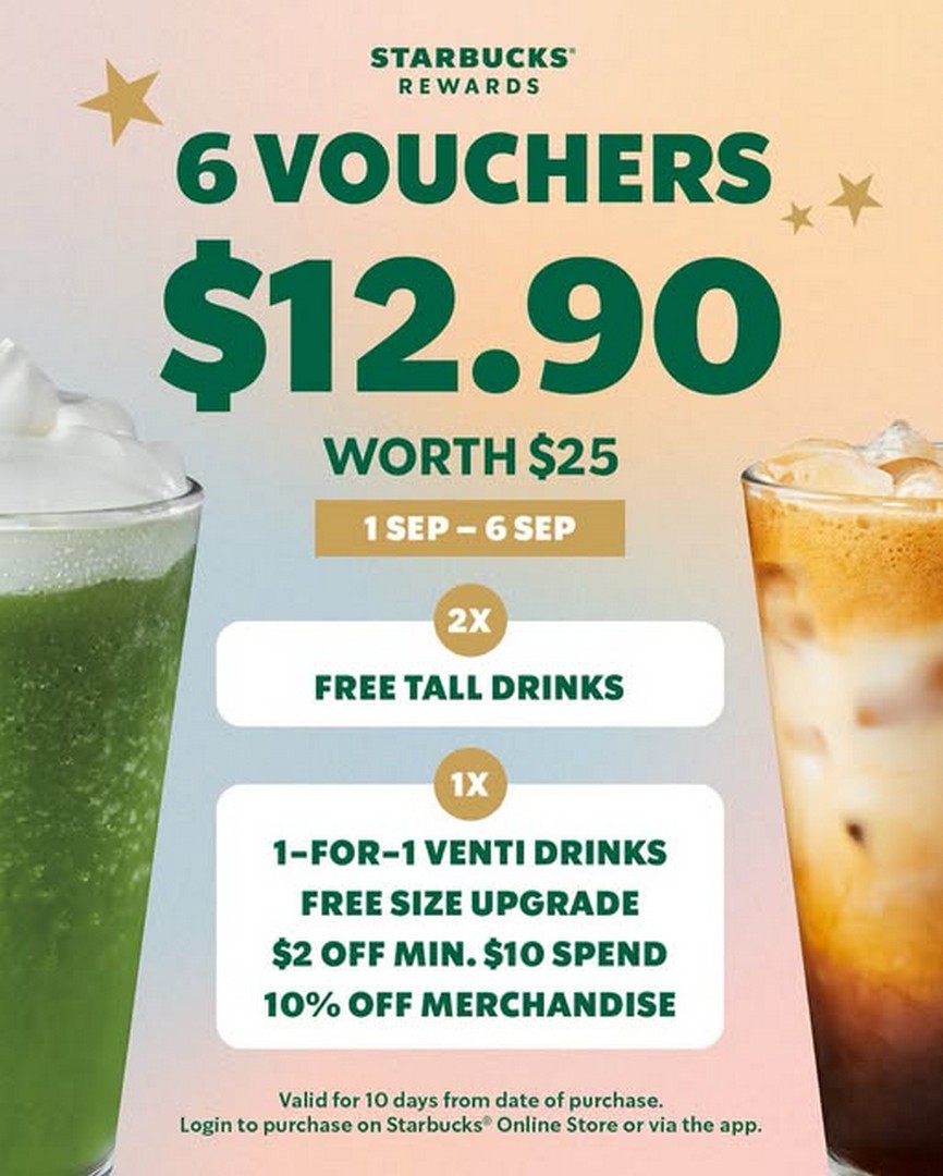 Starbucks-Singapore-12.90-Voucher-Pack-with-25-Worth 1-6 September 2026: Starbucks Singapore: $12.90 Voucher Pack with $25 Worth of Coffee Perks, Free Drinks, 1-for-1 Venti Drinks, Size Upgrade & 10% Off Merchandise Promotion