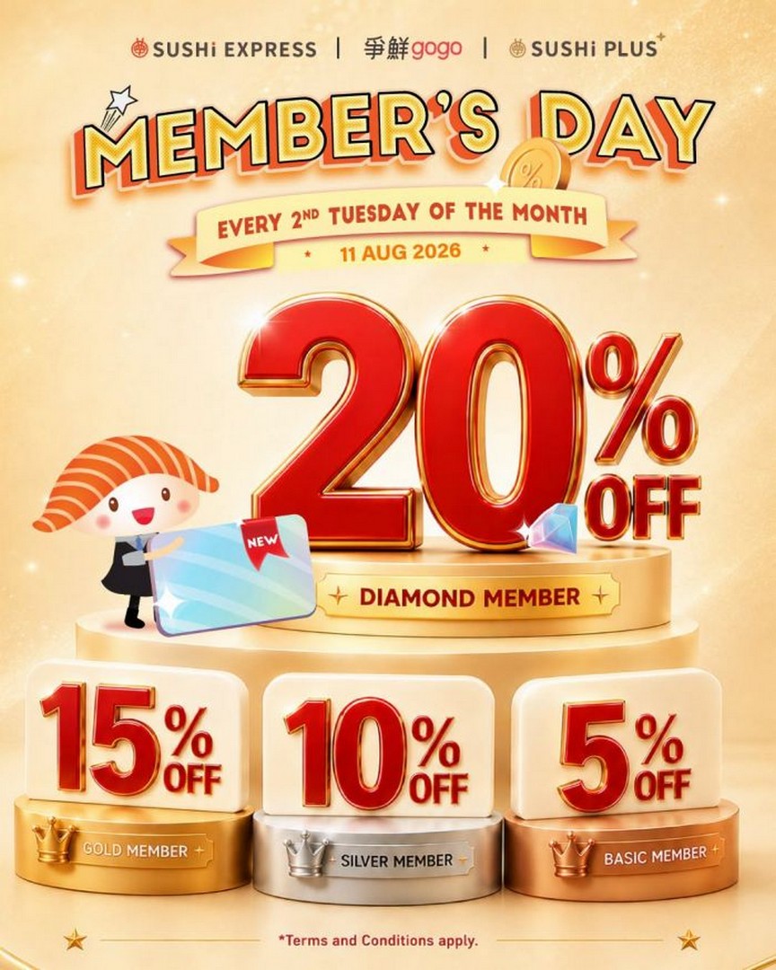 Sushi-Express-Group-Members-Day-Promotion 11 August 2026: Sushi Express Group: Member’s Day Promotion – Up to 20% OFF Sushi at Sushi Express, Sushi gogo and Sushi Plus