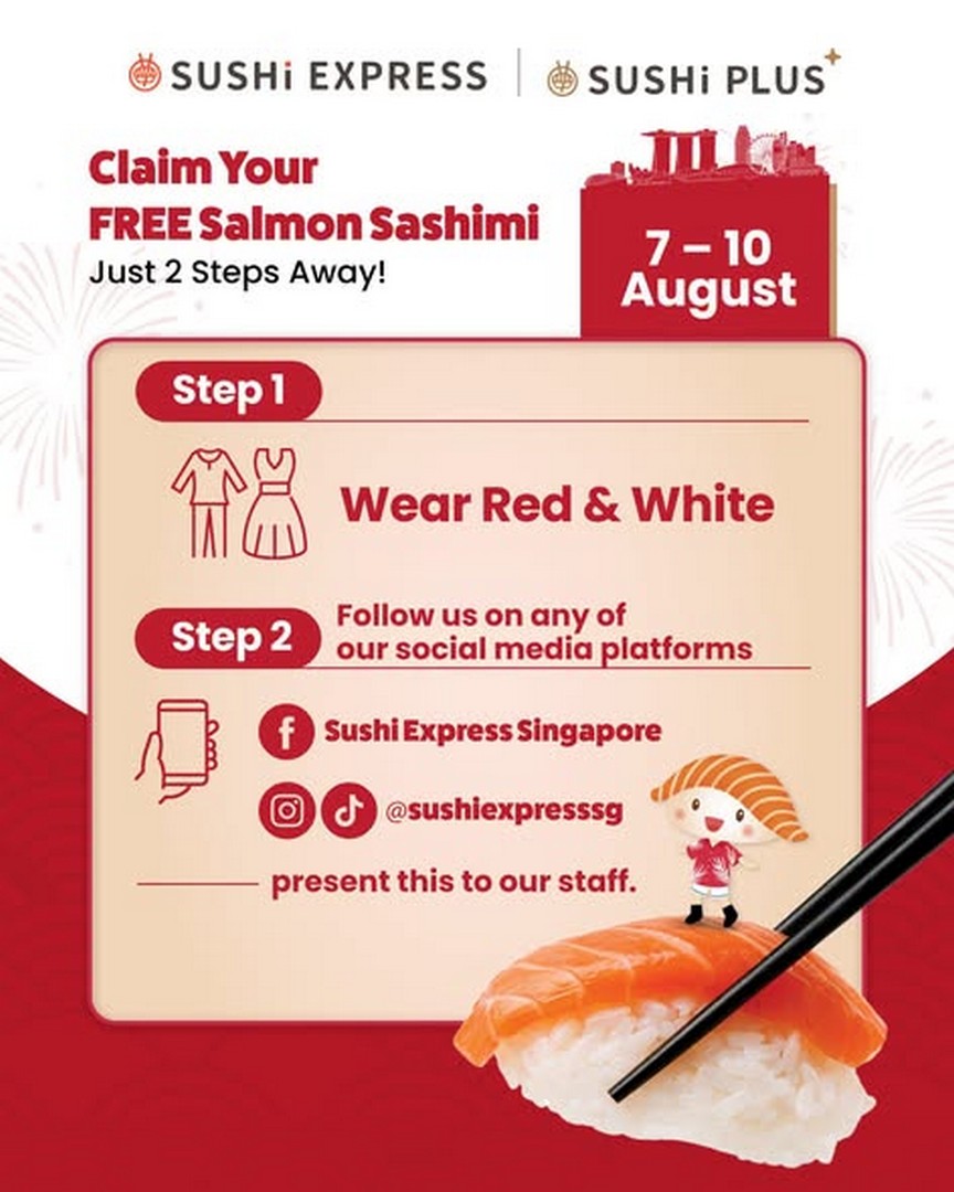 Sushi-Express-Singapore-National-Day-Free-Salmon-Sushi-Promotion-1 7-10 August 2026: Sushi Express Singapore National Day Free Salmon Sushi Promotion – Wear Red & White and Enjoy a Free Sushi Treat
