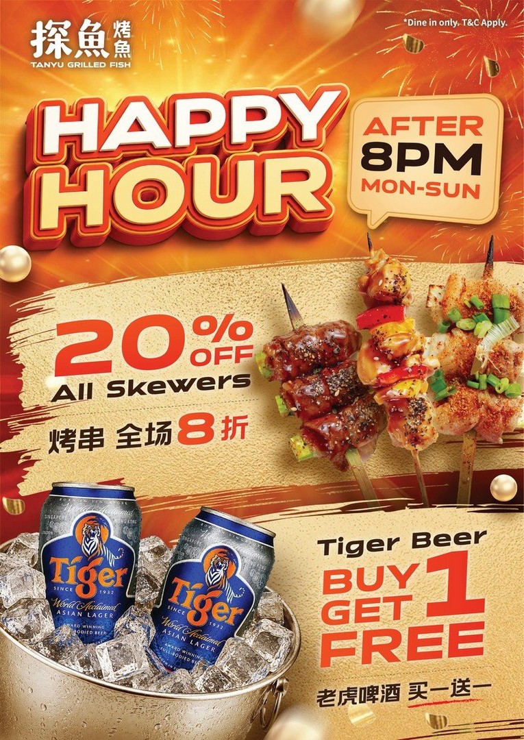 TANYU-Happy-Hour-Promotion-with-20-Off-Skewers 26 August 2026 onwards: TANYU: Happy Hour Promotion with 20% Off Skewers and 1-for-1 Beer After 8pm at Four Singapore Outlets
