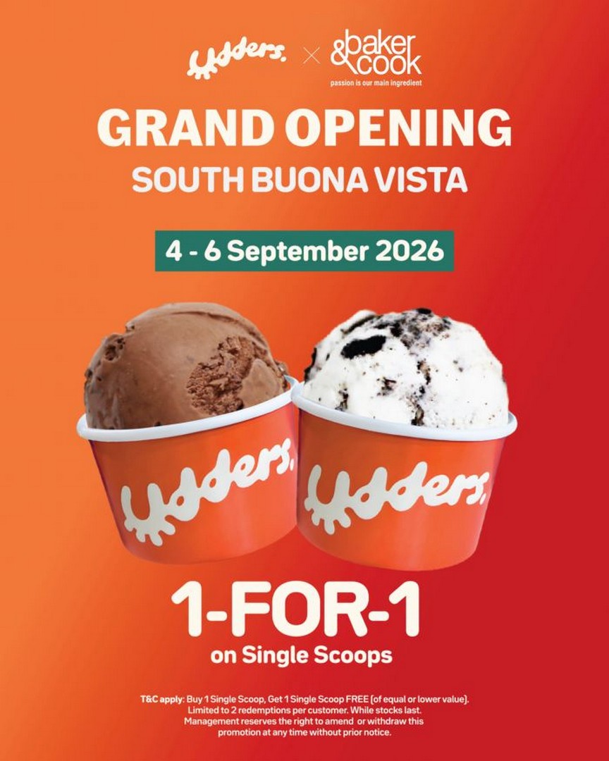 Udders-Ice-Cream-South-Buona-Vista 4-6 September 2026: Udders Ice Cream South Buona Vista: 1-For-1 Single Scoop Opening Promotion at Udders x Baker & Cook Pop-Up Store