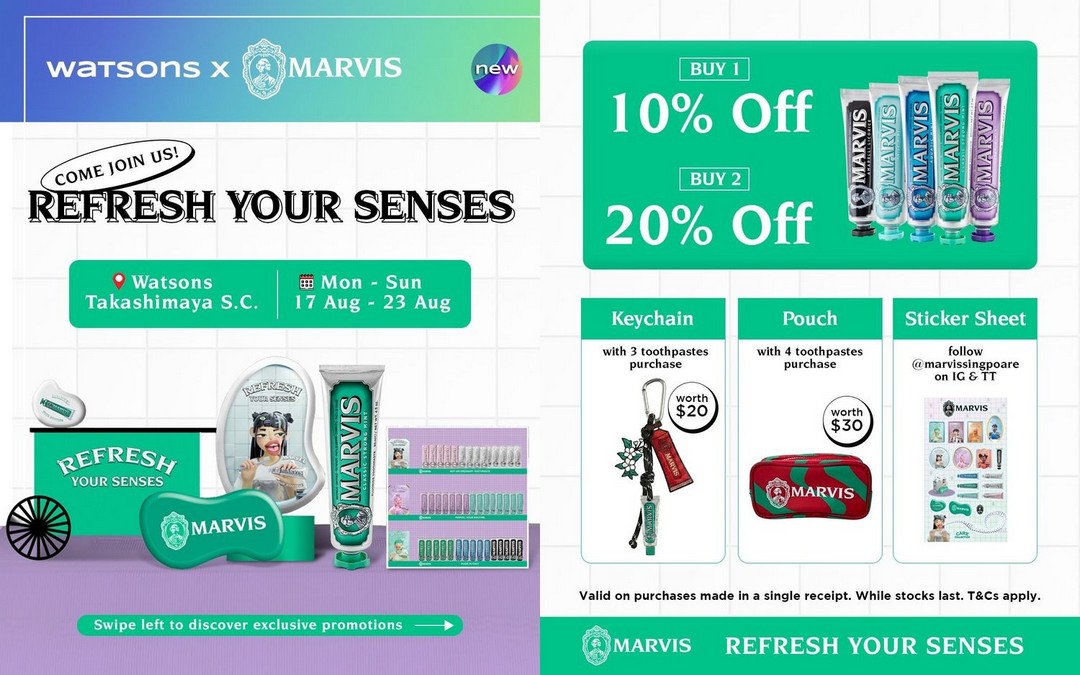 Watsons-Singapore-MARVIS-Refresh-Your-Senses-Pop-Up-Promotion 17-23 August 2026: Watsons Singapore, MARVIS Refresh Your Senses Pop-Up Promotion with Up to 20% Savings, Personalised Keychain and MARVIS Pouch at Ngee Ann City