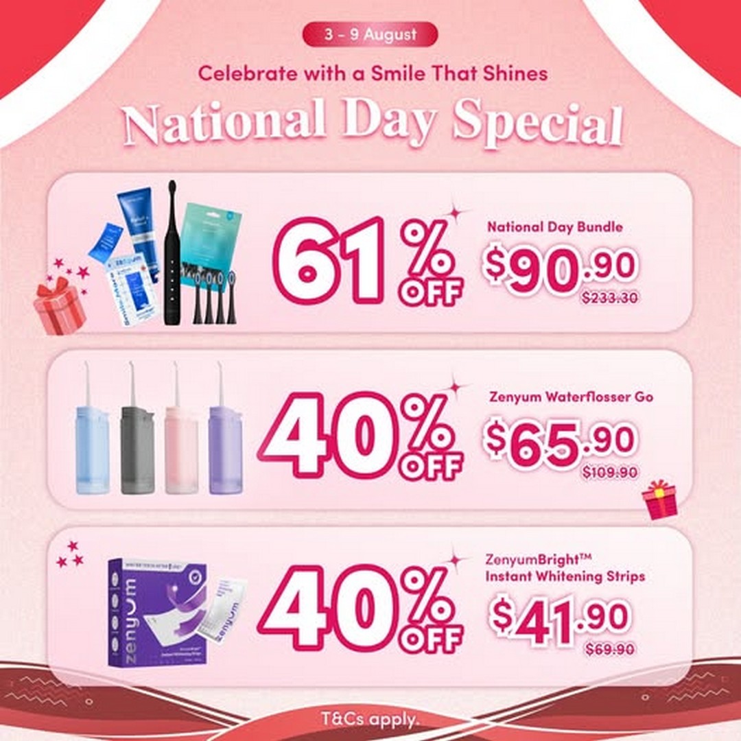 Zenyum-Singapore-National-Day-Promotion 3-9 August 2026: Zenyum Singapore National Day Promotion: Up to 61% Off Smile Essentials Bundle, Waterflosser and Whitening Strips Sale Event
