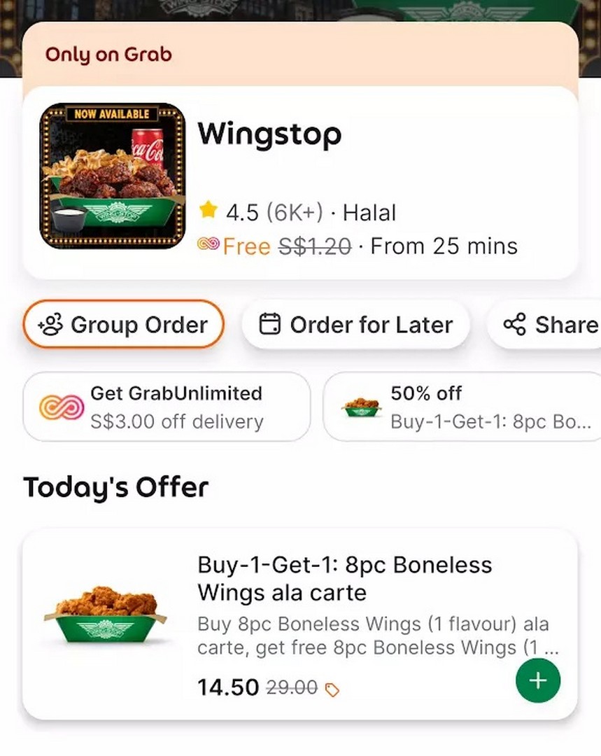 1-2 Now till 26 September 2026: Wingstop Singapore: 1-for-1 8pc Boneless Wings Promotion on GrabFood, Get 16 Pieces for $14.50