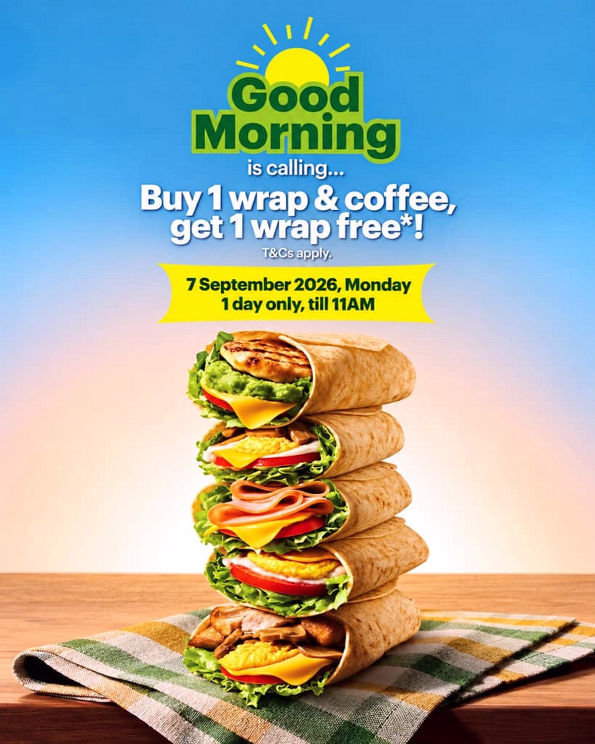 22222 7 September 2026: Subway Singapore Buy 1 Get 1 Free Breakfast Wrap Promotion – Get A Free Wrap With Breakfast Wrap & Coffee Set Before 11AM