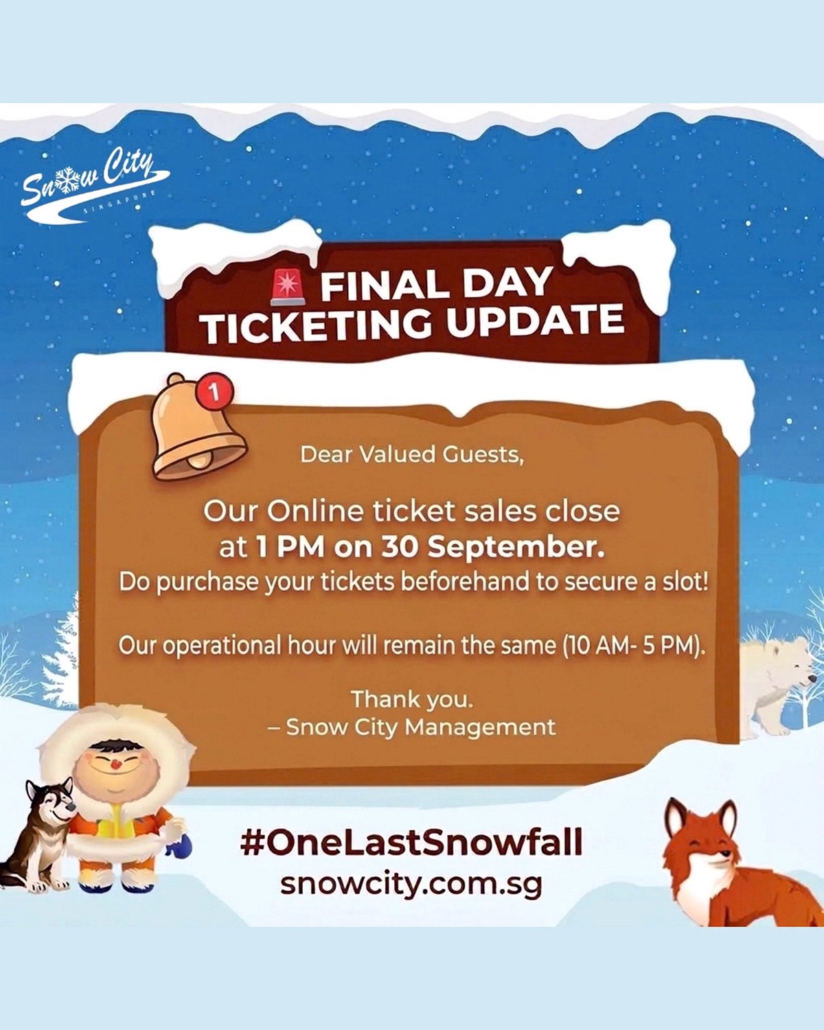 825340666_1635031871502374_1227275246588132452_n 1 June–30 September 2026: Snow City Singapore Farewell Promotion – Up to 30% OFF, Tickets From $16, Final Snow Experience Before Closure
