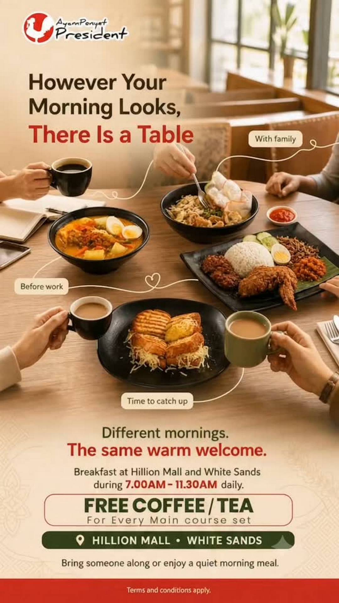 Ayam-Penyet-President-Free-Coffee-or-Tea-with-Every-Main-Course-Set 5 September 2026 onwards: Ayam Penyet President: Free Coffee or Tea with Every Main Course Set – Breakfast Promotion at Hillion Mall and White Sands