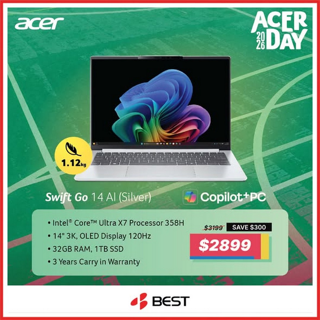 BEST-Denki-Singapore-Acer-Day-Promotion-1 17 September 2026 onwards: BEST Denki Singapore: Acer Day Promotion with Free Gifts Worth $498, Acer Swift Go AI Series Copilot+ PC, Online and Retail Outlets