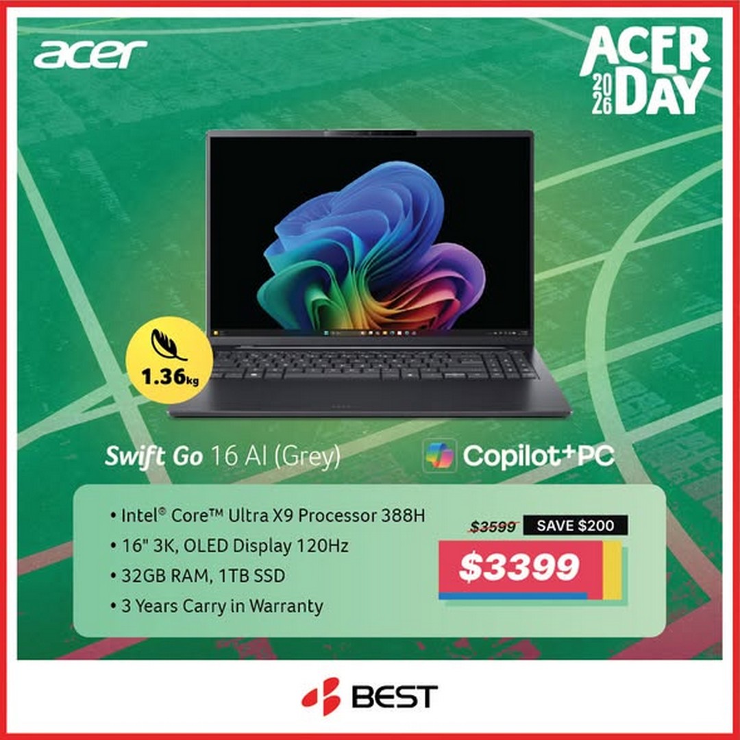 BEST-Denki-Singapore-Acer-Day-Promotion-4 17 September 2026 onwards: BEST Denki Singapore: Acer Day Promotion with Free Gifts Worth $498, Acer Swift Go AI Series Copilot+ PC, Online and Retail Outlets