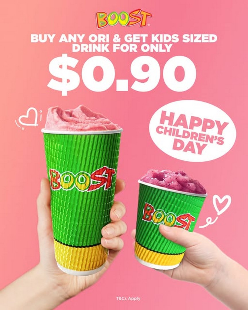 Boost-Juice-Bars-Singapore-Childrens-Day-Promotion 2 October 2026: Boost Juice Bars Singapore: Children's Day Promotion – Original Drink Plus Kids-Sized Drink for $0.90