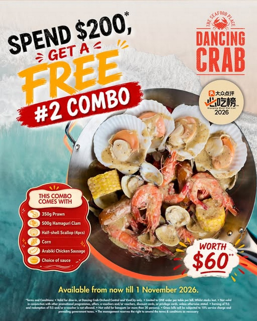 Dancing-Crab-Spend-200-Get-a-FREE-2-Combo-Bag-Promotion Now till 1 November 2026: Dancing Crab: Spend $200 Get a FREE #2 Combo Bag Promotion, Singapore Seafood Dining Deal