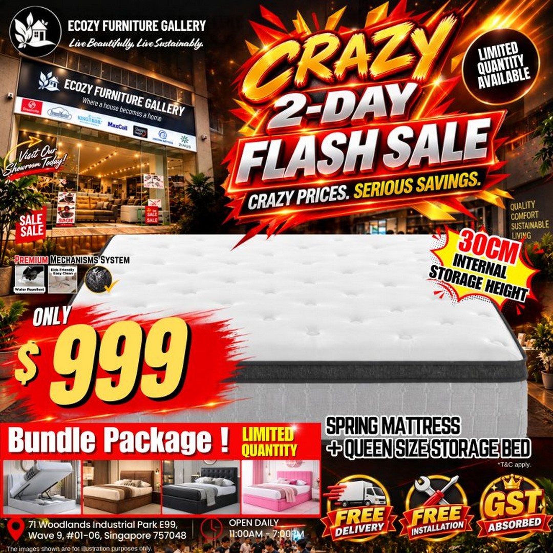 Ecozy-Furniture-Gallery-Crazy-2-Day-Flash-Sale-1 24–25 September 2026: Ecozy Furniture Gallery: Crazy 2-Day Flash Sale with $699 Queen Bed Set and FREE Single Bed Set, 11am–4pm at Woodlands