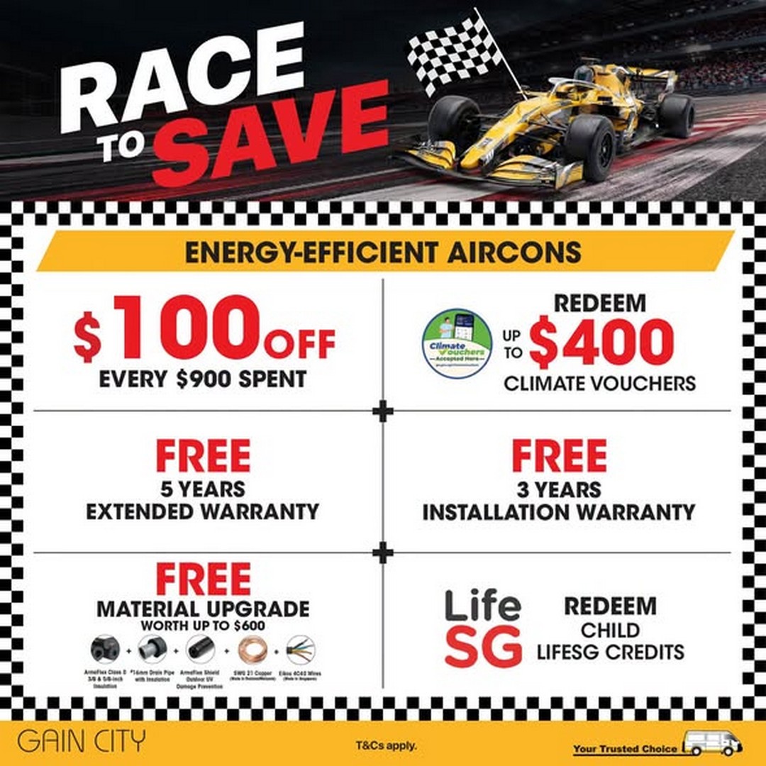 Gain-City-Race-to-Save-Sale-Promotion-with-100-OFF-Every-1 30 September 2026 onwards: Gain City: Race to Save Sale Promotion with $100 OFF Every $900 Spent, Climate Voucher Savings, Free Warranties and More