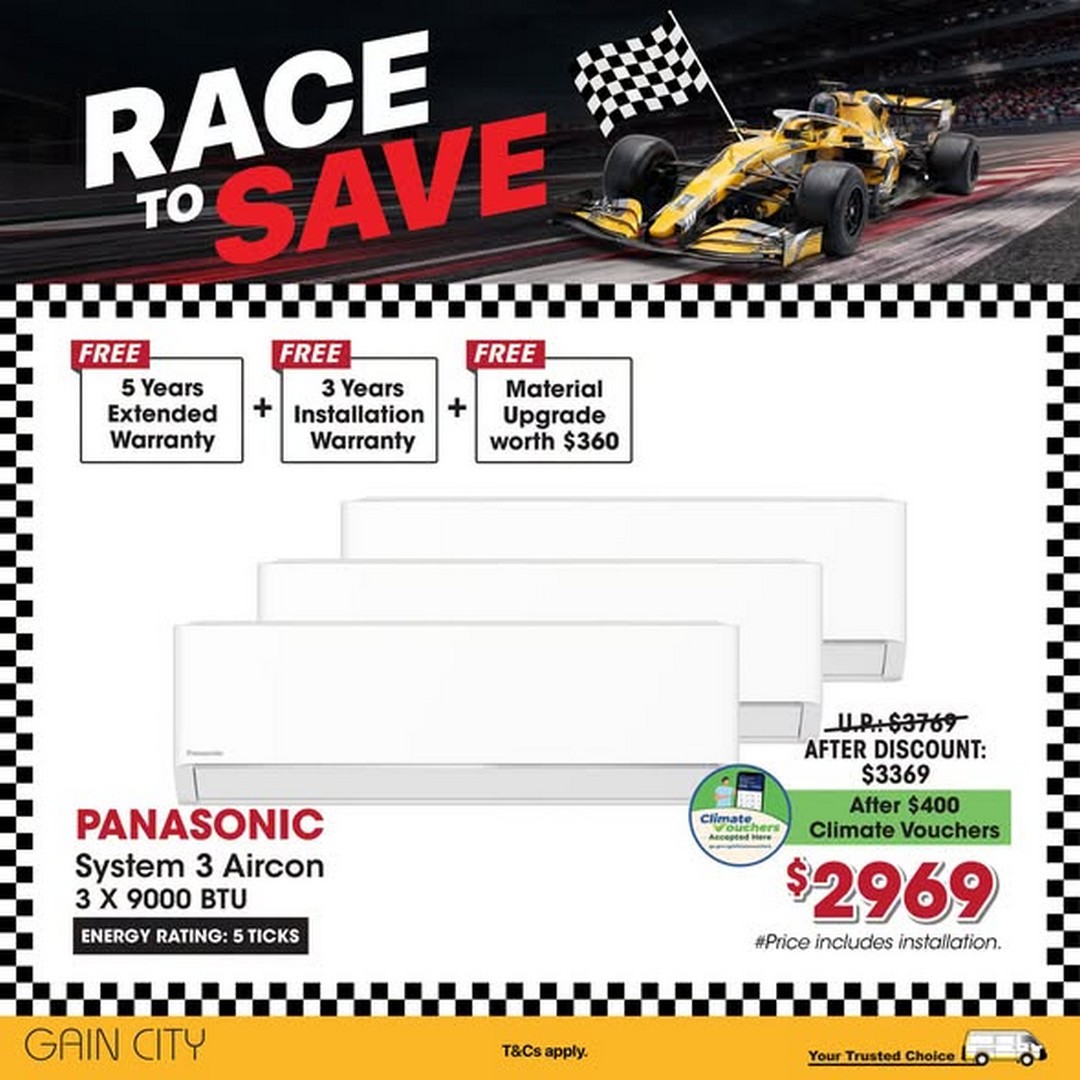 Gain-City-Race-to-Save-Sale-Promotion-with-100-OFF-Every-3 30 September 2026 onwards: Gain City: Race to Save Sale Promotion with $100 OFF Every $900 Spent, Climate Voucher Savings, Free Warranties and More