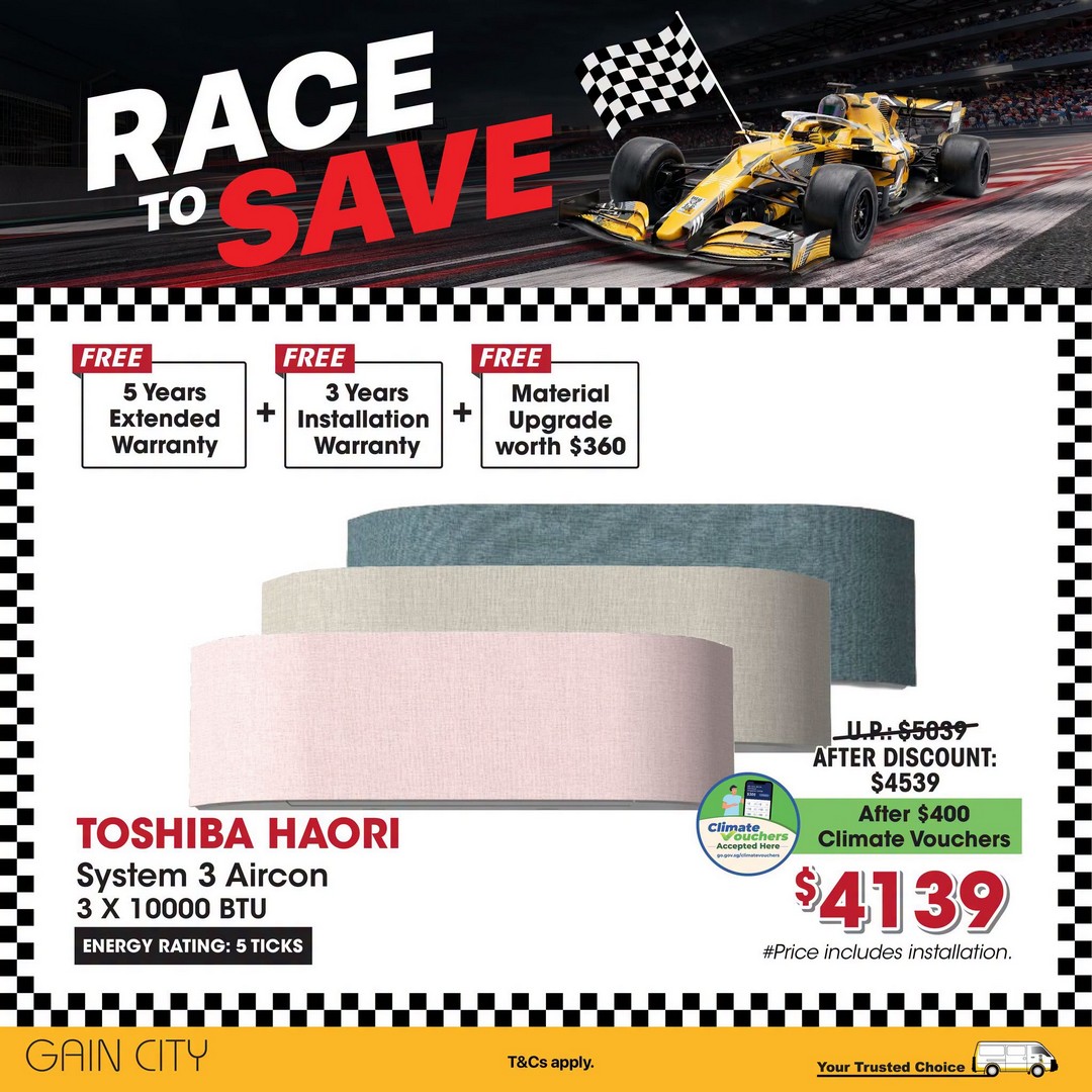 Gain-City-Race-to-Save-Sale-Promotion-with-100-OFF-Every-4 30 September 2026 onwards: Gain City: Race to Save Sale Promotion with $100 OFF Every $900 Spent, Climate Voucher Savings, Free Warranties and More