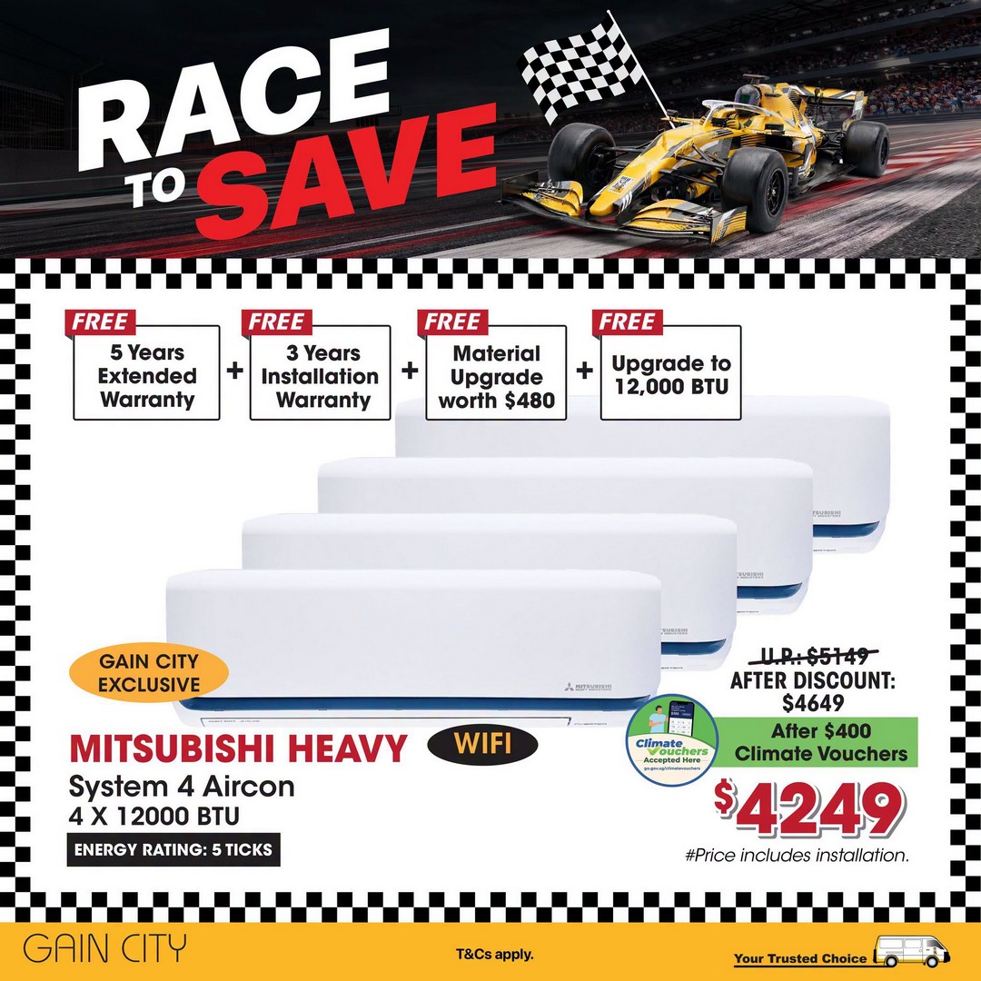 Gain-City-Race-to-Save-Sale-Promotion-with-100-OFF-Every-5 30 September 2026 onwards: Gain City: Race to Save Sale Promotion with $100 OFF Every $900 Spent, Climate Voucher Savings, Free Warranties and More