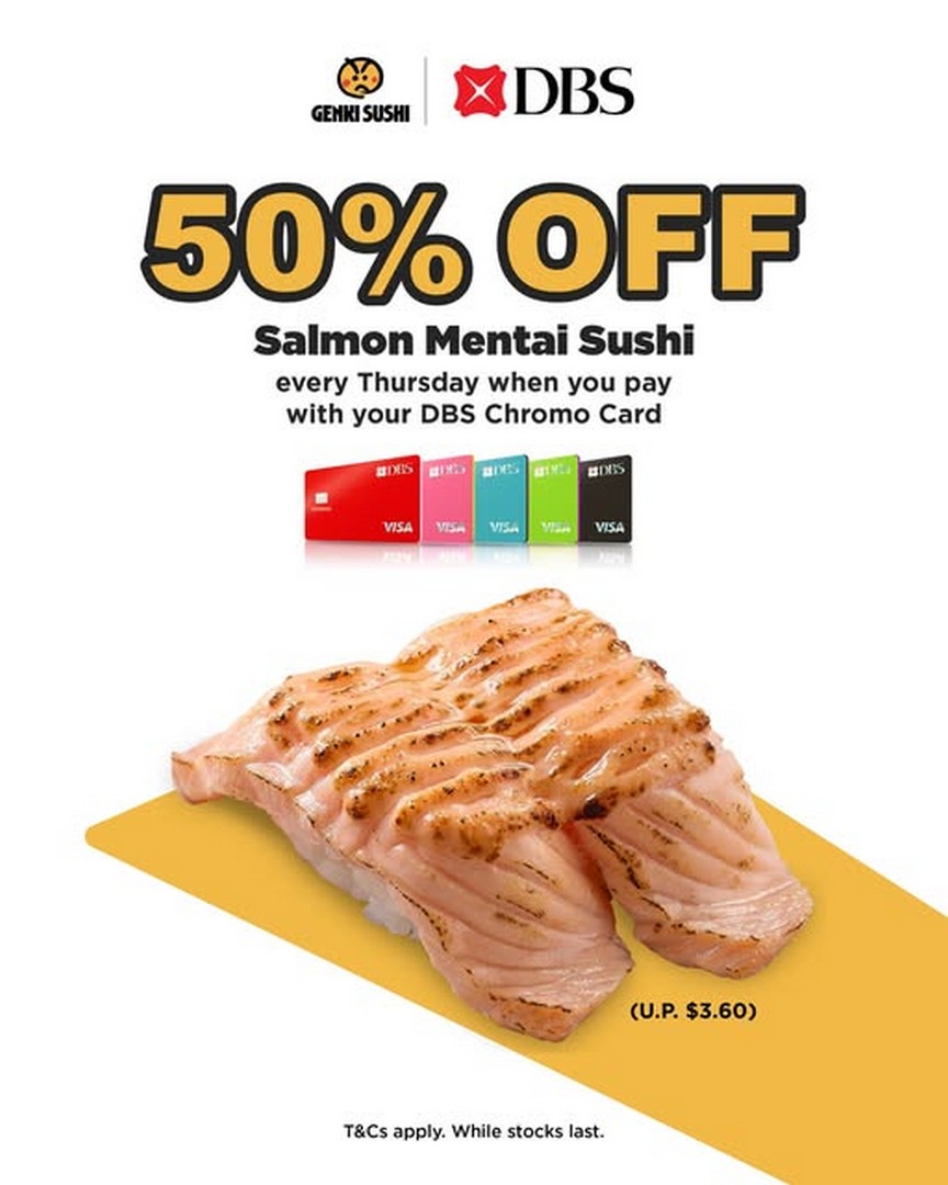 Genki-Sushi-Singapore-50-OFF-Salmon-Mentai-Sushi 1 October-31 December 2026: Genki Sushi Singapore: 50% OFF Salmon Mentai Sushi Every Thursday DBS Chromo Cardmember Promotion