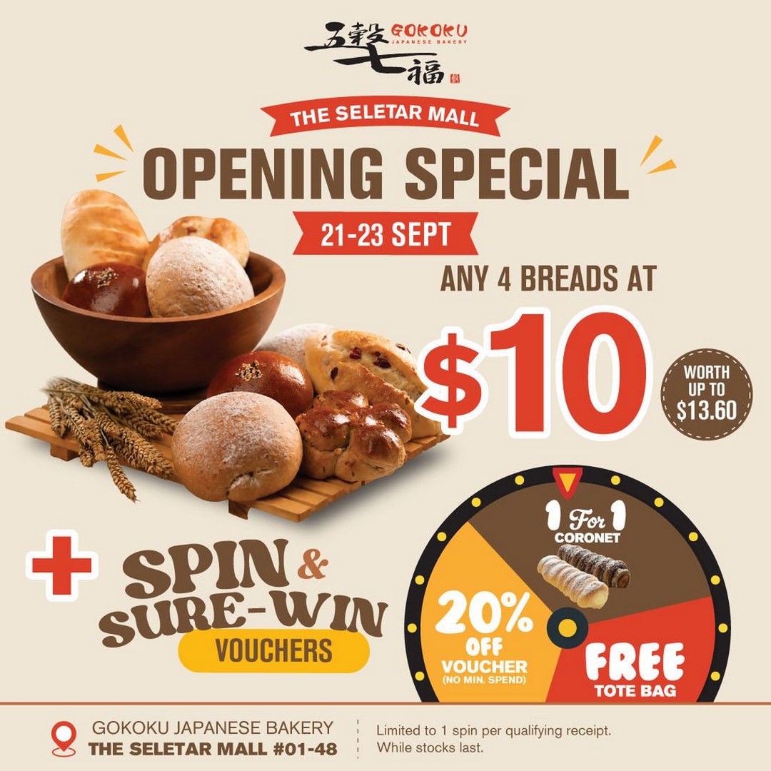 Gokoku-Japanese-Bakery-Opening-Special-Promotion-1 21–23 September 2026: Gokoku Japanese Bakery: Opening Special Promotion – Get 4 Breads for $10 at The Seletar Mall, Plus Sure-Win Spin The Wheel Prizes
